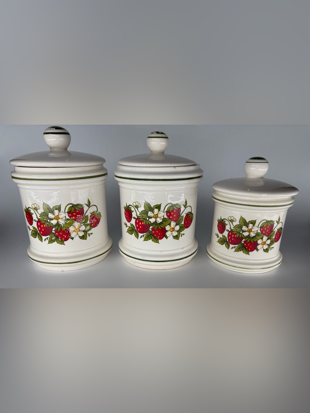 Vintage Sears Strawberry Fields Ceramic Canister Set 3pc 🍓 Cute Retro Kitchen